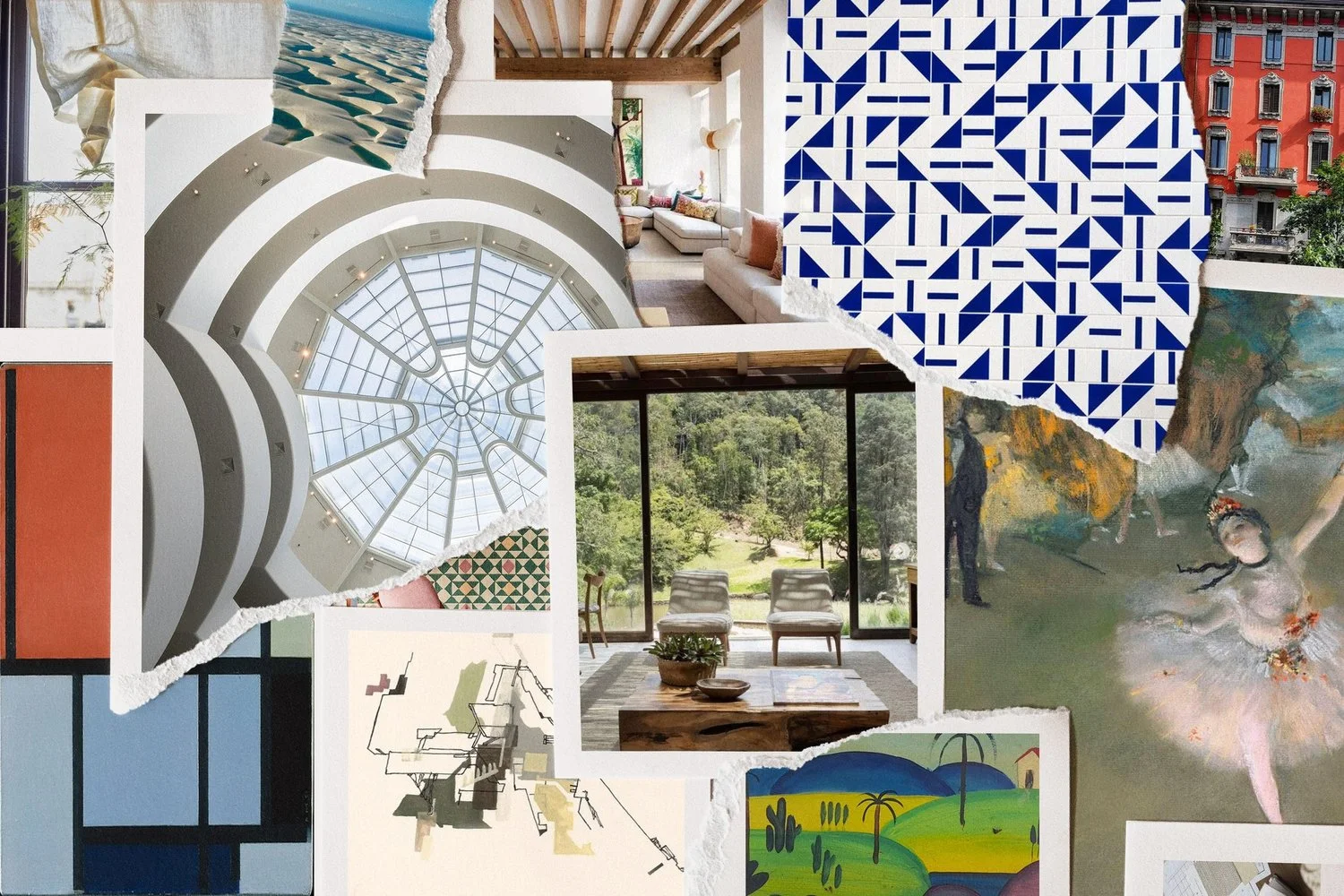 Studio collage of architecture, interiors, colour and pattern